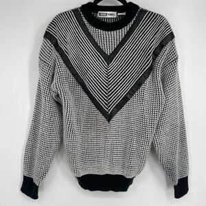 Urban Works Men’s L Vintage 90s Black White Leather Trim Knit Sweater